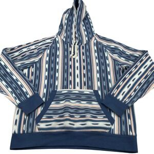 Lands End Serious Sweats Pullover Hoodie Blue Pink Stripe Print Size M